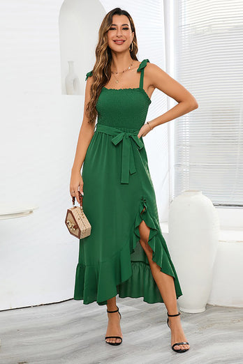 Spaghetti Straps Green Summer Dress with Belt