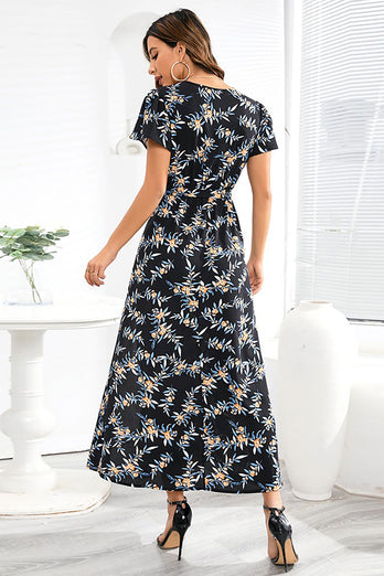 V Neck Black Floral Printed Summer Dress with Silt