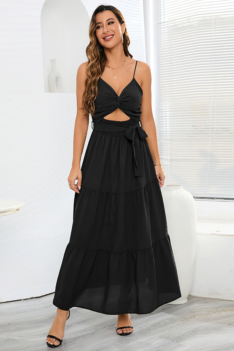 Load image into Gallery viewer, Spaghetti Straps Long Black Summer Dress with Keyhole