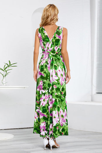 V Neck Flower Printed Summer Dress with Silt