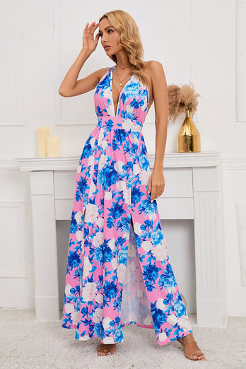 A Line Halter Neck Flower Printed Summer Dress