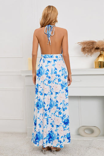 A Line Halter Neck Flower Printed Summer Dress
