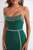 Dark Green Strapless Semi Formal Dress with Slit