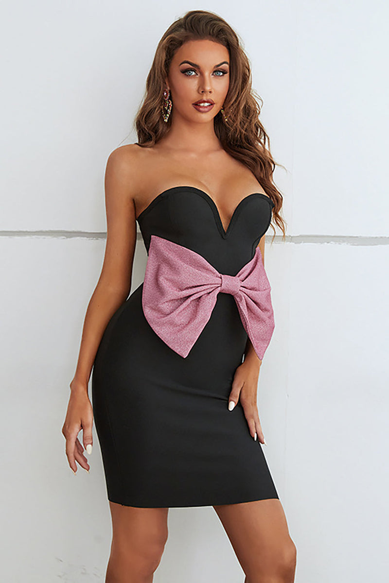 Load image into Gallery viewer, Black Sweetheart Bodycon Semi Formal Dress with Bowknot