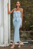 Light Blue Spaghetti Straps Formal Party Dress with Fringes