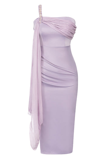 Lilac One Shoulder Bodycon Cocktail Dress with Ruffles