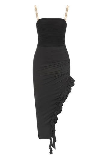 Ruffles Black Cocktail Dress with Slit