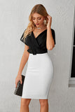 Black and White Bodycon V-Neck Cocktail Dress With Belt