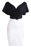 Black and White Bodycon V-Neck Cocktail Dress With Belt