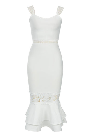 White Straps Bodycon Cocktail Dress With Ruffles