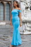 Light Blue Off the Shoulder Mermaid Long Prom Dress