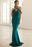 Pine Halter Mermaid Cut Out Long Prom Dress