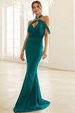 Pine Halter Mermaid Cut Out Long Prom Dress