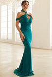 Pine Halter Mermaid Cut Out Long Prom Dress