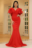 Red V-Neck Mermaid Flutter Sleeves Long Prom Dress