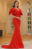 Red V-Neck Mermaid Flutter Sleeves Long Prom Dress