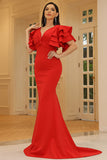 Red V-Neck Mermaid Flutter Sleeves Long Prom Dress