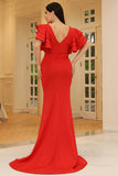 Red V-Neck Mermaid Flutter Sleeves Long Prom Dress