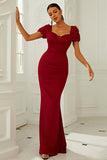 Burgundy Short Sleeves Mermaid Long Prom Dress