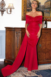 Red Off the Shoulder Sheath Prom Dress With Train