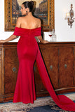 Red Off the Shoulder Sheath Prom Dress With Train