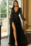 Black A-Line Sparkly V-Neck Prom Dress With Slit