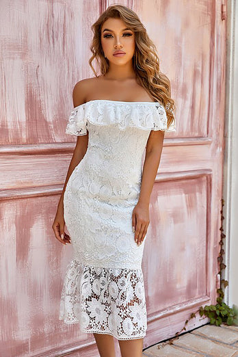 White Off the Shoulder Lace Cocktail Dress