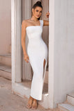 White One Shoulder Bodycon Midi Cocktail Dress With Slit