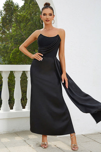 Black Strapless Long Cocktail Dress With Train and Slit