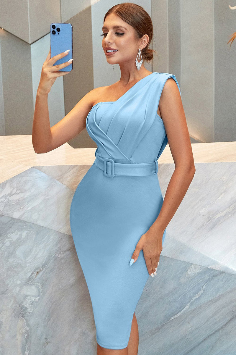 Load image into Gallery viewer, Lilac One Shoulder Ruched Bodycon Cocktail Dress With Belt