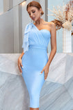 One Shoulder Blue Tight Cocktail Dress with Slit