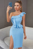 Load image into Gallery viewer, One Shoulder Blue Tight Cocktail Dress with Pleated