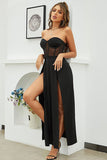 Strapless Black Corset Prom Dress with Slit