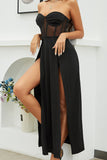 Strapless Black Corset Prom Dress with Slit