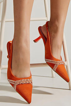 Orange Pointed Toe Rhinestones Kitten Heels Sandals