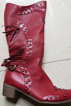 Dark Red Fringed Mid-Calf Boots