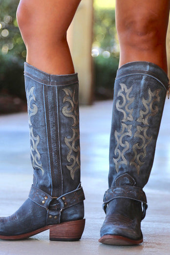 Blue Embroidered Cowgirl Boho Mid Calf Boots