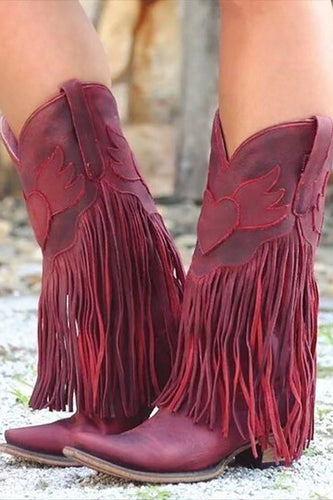 Dark Red Fringed Ankle Boots