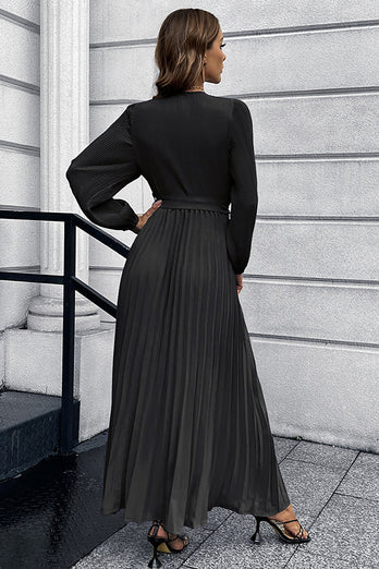 Long Sleeves Black Casual Dress with Sash