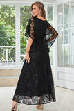 Black Lace A-line Round Neck Short Sleeves Mother of Bride Dress