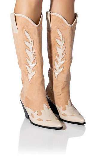 Camel Pointed Toe Chunky Heel High Cowboy Boots