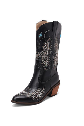 Black Embroidery Mid Calf Chunky Heel Western Boots