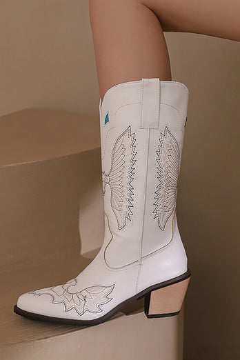 Black Embroidery Mid Calf Chunky Heel Western Boots