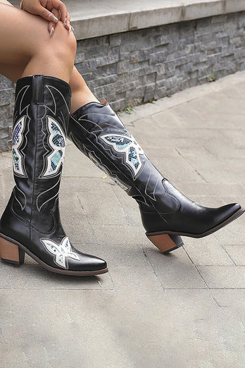 Black Stitched Chunky Heel Cowboy High Boots