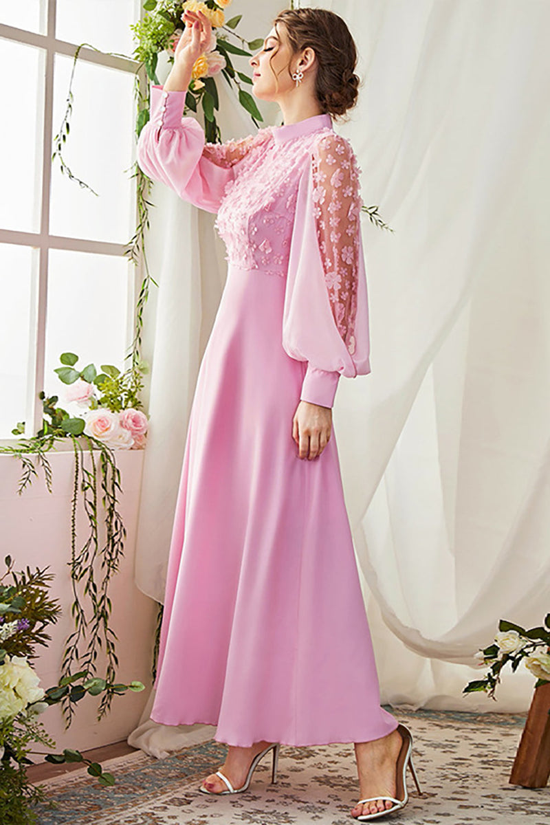 Load image into Gallery viewer, A-Line Long Sleeves Candy Pink Formal Dress with 3D Flowers