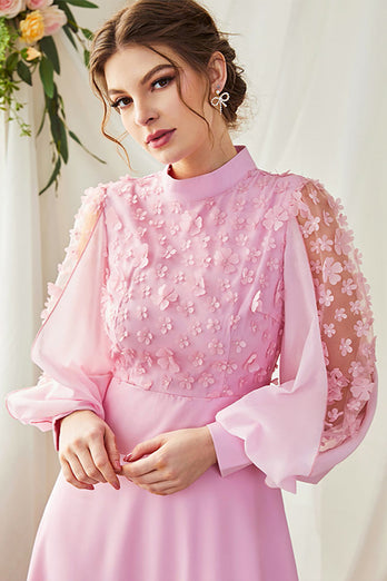 A-Line Long Sleeves Candy Pink Formal Dress with 3D Flowers