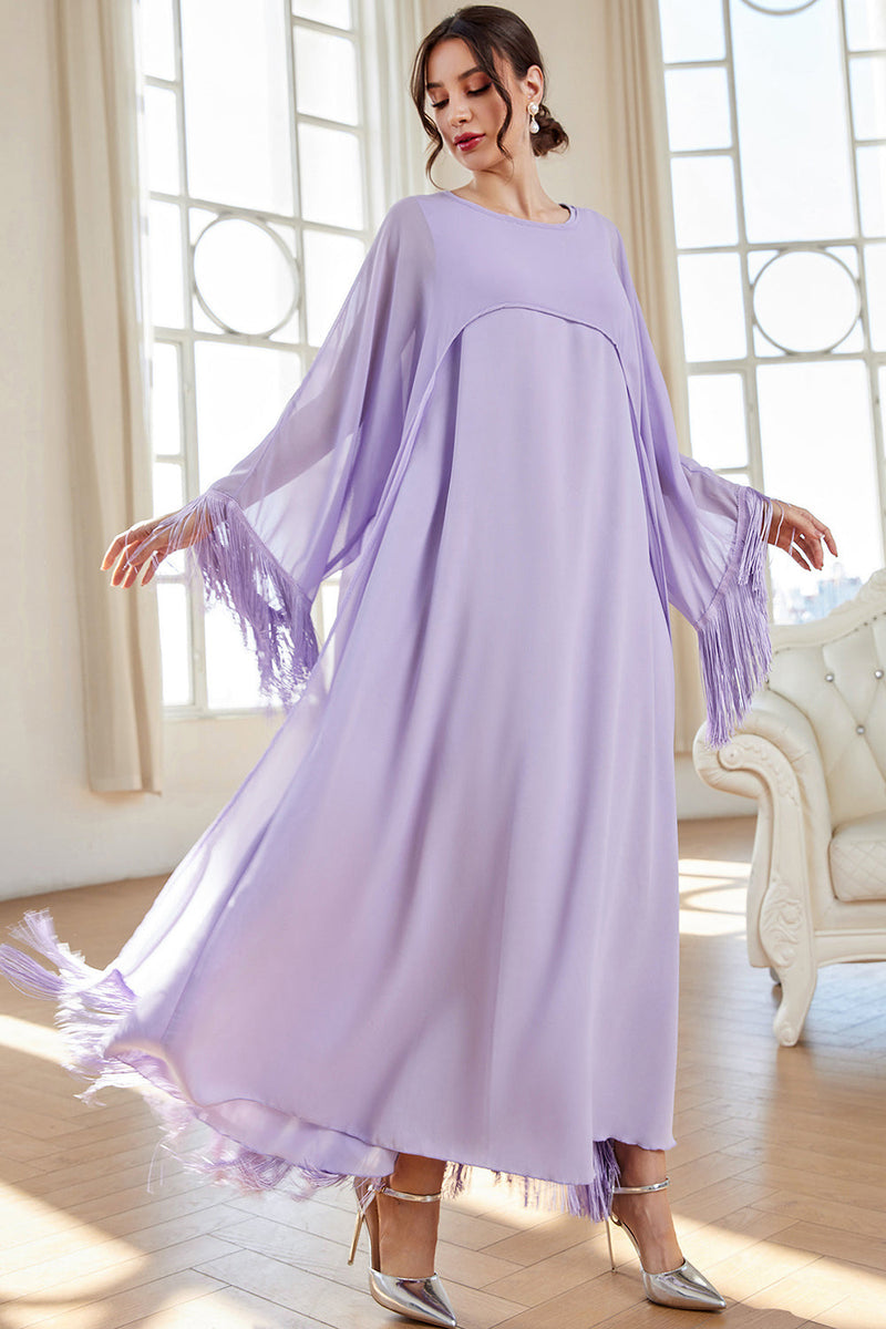 Load image into Gallery viewer, Boat Neck Fringes Lilac Formal Dress with Cape