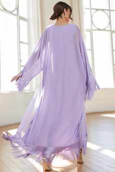 Boat Neck Fringes Lilac Formal Dress with Cape