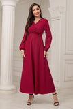 A-Line V-Neck Burgundy Formal Dress with Long Sleeves