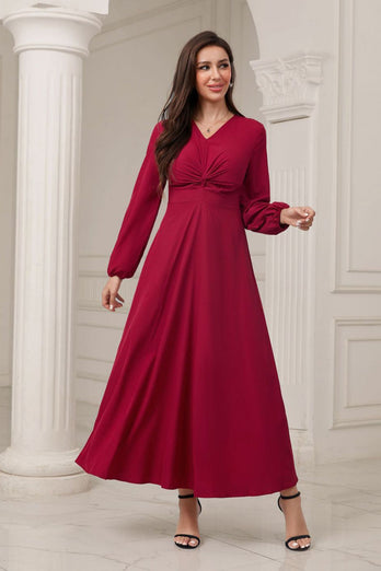 A-Line V-Neck Burgundy Formal Dress with Long Sleeves